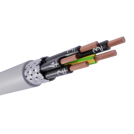 Skærmet styrekabel, halogenfri, UV-resistent, kobber, CH-JZ, CU, klasse 5, flettet kobberskærm, flex, fleksibel, industrikabel, grå, maskinkabel,